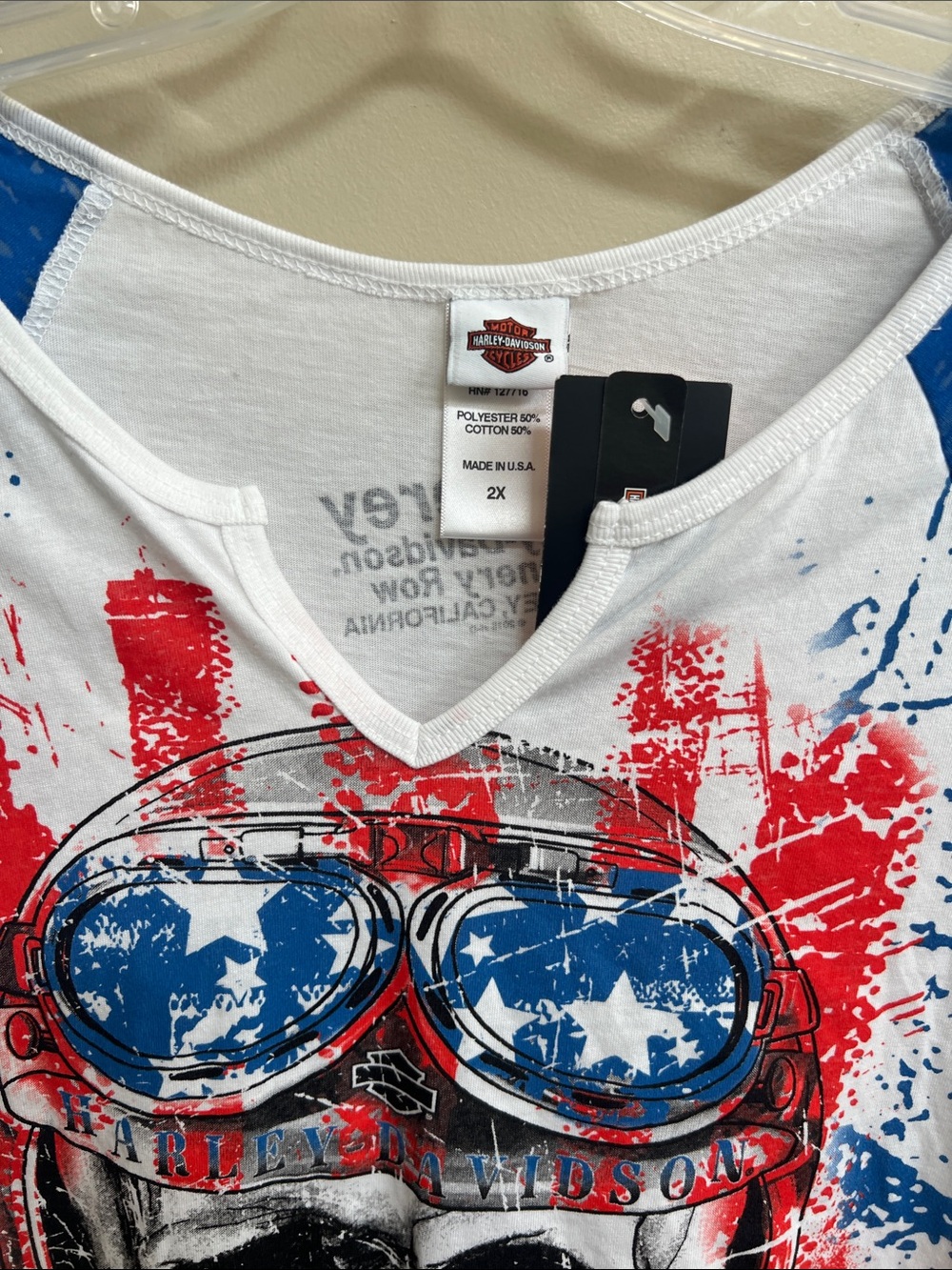 Harley-Davidson Patriotic Skull Raglan Tee 2X USA Flag Biker Grunge Americana - Picture 2 of 6